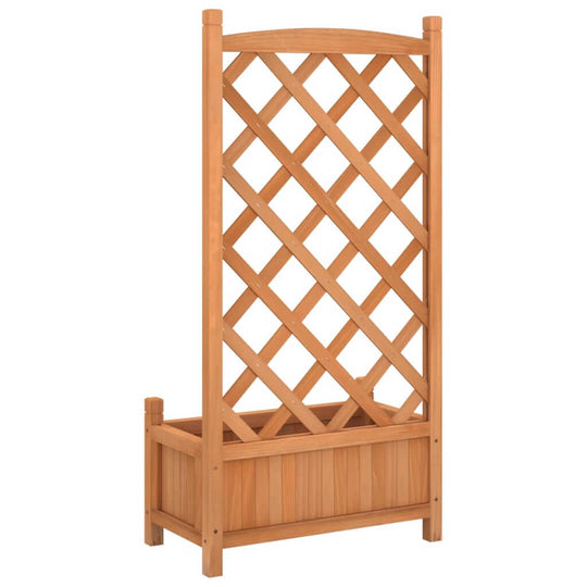 Brown solid wood planter with trellis, perfect for climbing plants in outdoor gardens and patios.