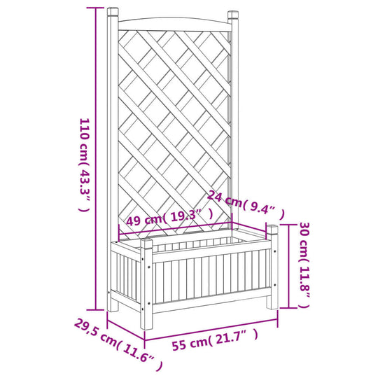 Dimensions of a brown solid wood fir planter with trellis, showing height 110 cm, width 55 cm, and depth 30 cm for climbing plants.