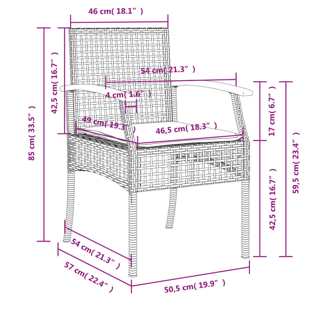 2-Piece Garden Chairs with Cushions – Rattan & Wood Dubai dimensions illustration with measurements.