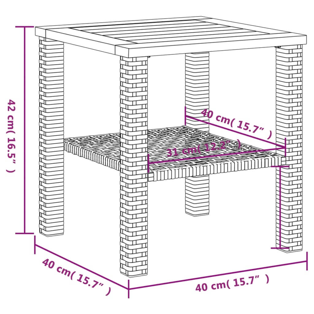 Garden Table 40x40x42cm – Rattan & Acacia Wood Dubai dimensions illustration with measurements.