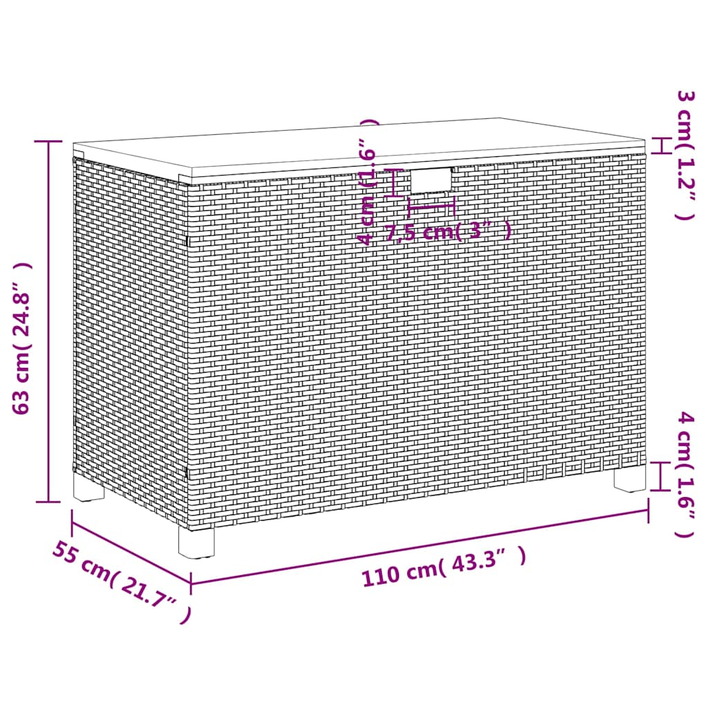 Garden Storage Box 110x55x63cm – Rattan & Wood Dubai dimensions illustration with measurements.