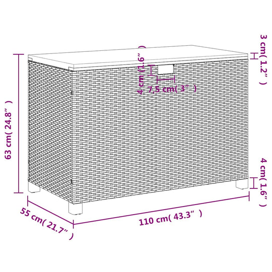 Garden Storage Box 110x55x63cm – Rattan & Wood Dubai dimensions illustration with measurements.