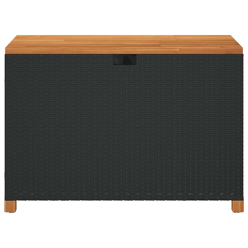 Garden Storage Box 110x55x63cm – Rattan & Wood Dubai in black with wooden top for outdoor use.
