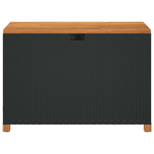 Garden Storage Box 110x55x63cm – Rattan & Wood Dubai in black with wooden top for outdoor use.