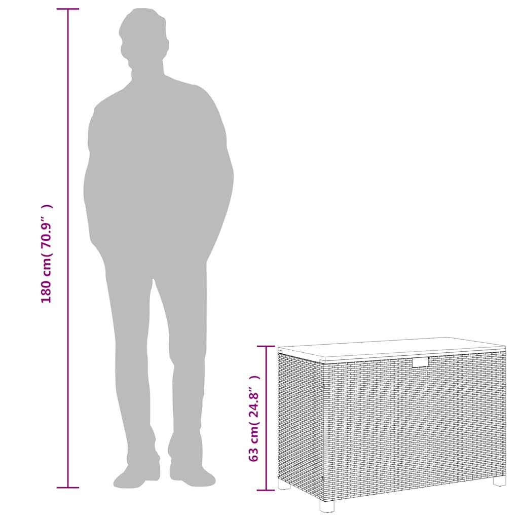 Garden Storage Box 110x55x63cm – Rattan & Wood Dubai dimensions shown next to a person for scale.