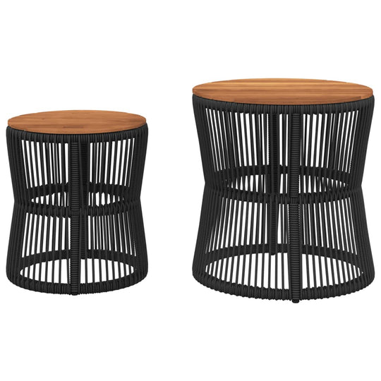 2-Piece Garden Side Tables with Wooden Top – Rattan Dubai in black and natural wood finish.