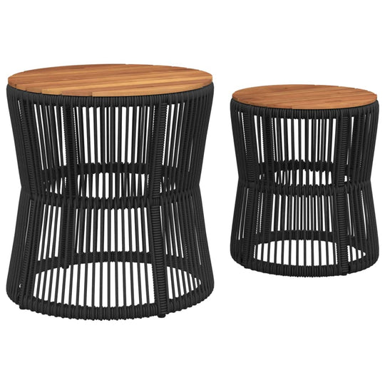 2-Piece Garden Side Tables with Wooden Top – Rattan Dubai, black rattan with wooden tops for outdoor use.