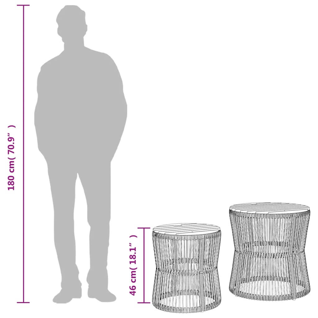 2-Piece Garden Side Tables with Wooden Top – Rattan Dubai dimensions with silhouette for scale.