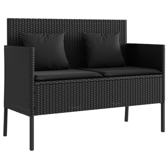 Garden Bench with Cushions  Poly Rattan in black, durable PE rattan with soft cushions for comfortable outdoor seating.