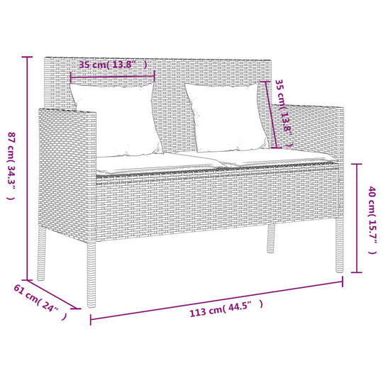 Garden Bench with Cushions  Poly Rattan dimensions and design details with measurements for outdoor seating.