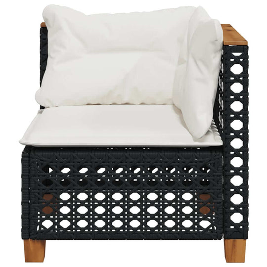 Comfortable black poly rattan garden sofa corner with white cushions, perfect for outdoor lounge furniture.