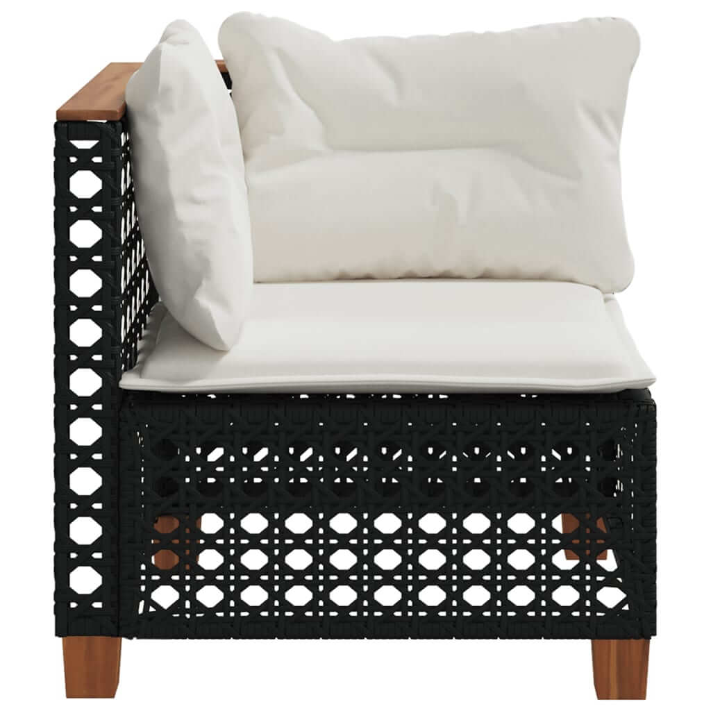 Black poly rattan garden sofa corner with white cushions, perfect for outdoor lounge furniture.