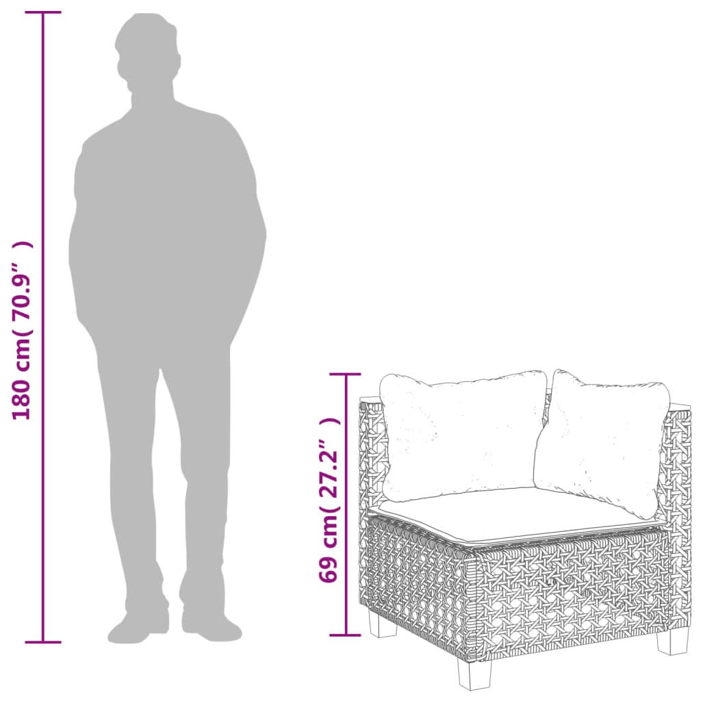 Dimensions of a black poly rattan garden sofa corner with cushions, showcasing seating height and overall size.