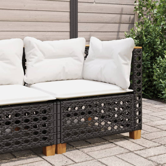 Garden sofa corner with white cushions and black poly rattan, perfect outdoor furniture for lounging.