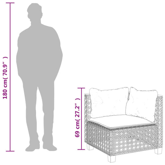 Garden Sofa Corner with Cushions Poly Rattan dimensions illustration with silhouette for scale.