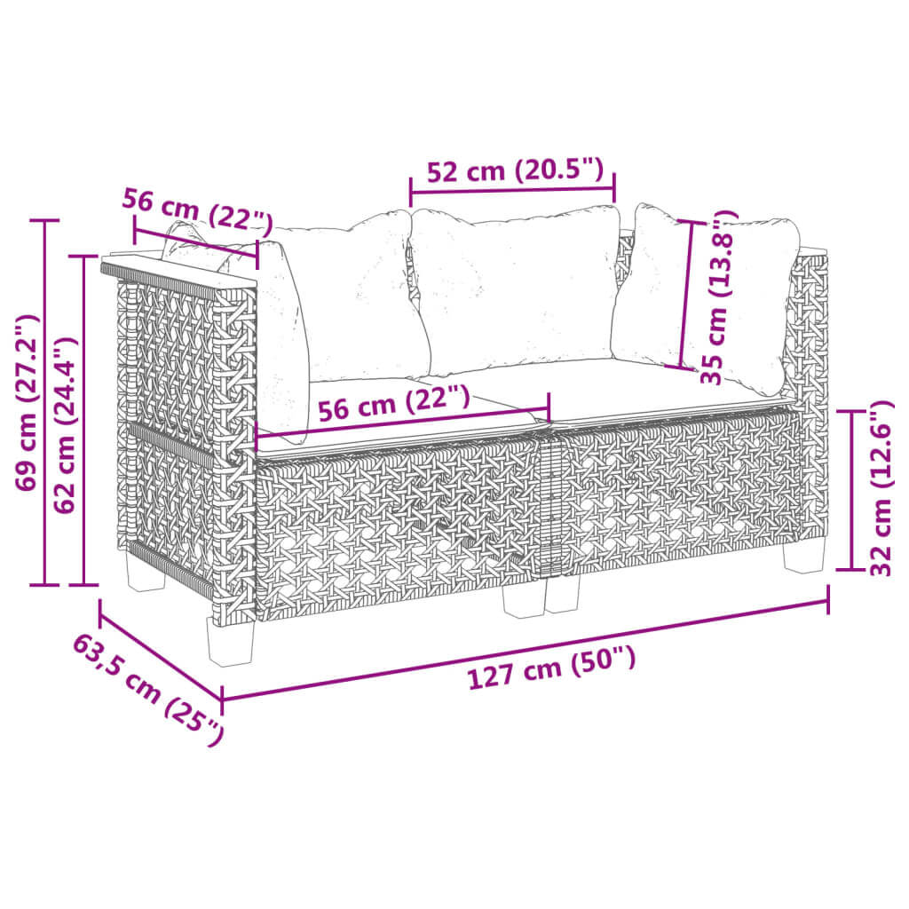 Dimensions of a black poly rattan garden sofa with cushions, showcasing outdoor furniture design and measurements.