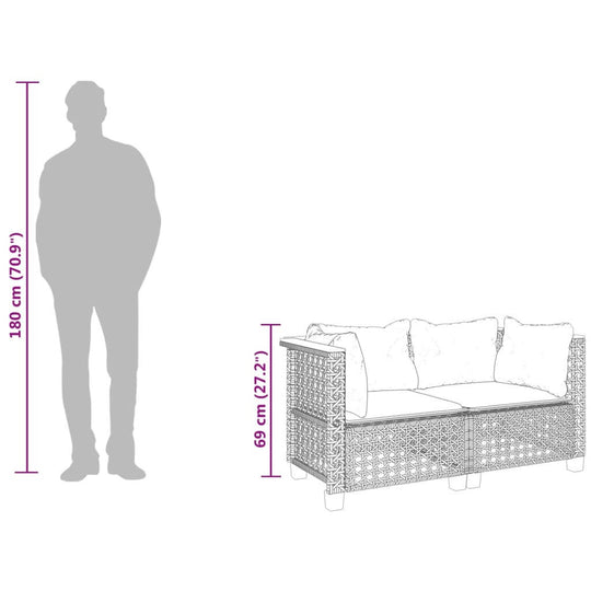 Dimensions of a black poly rattan garden sofa with cushions, showcasing height of 180 cm and depth of 69 cm.