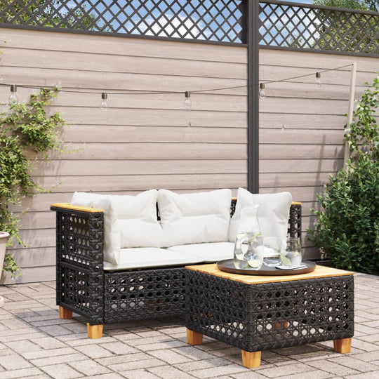 Garden sofas corner set with cushions in black poly rattan, perfect for outdoor relaxation and stylish lounge furniture.