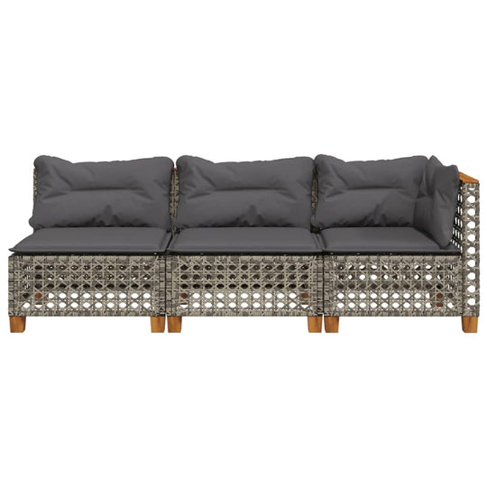 Grey poly rattan 3-seater garden sofa with cushions, perfect for outdoor lounging and durable furniture.