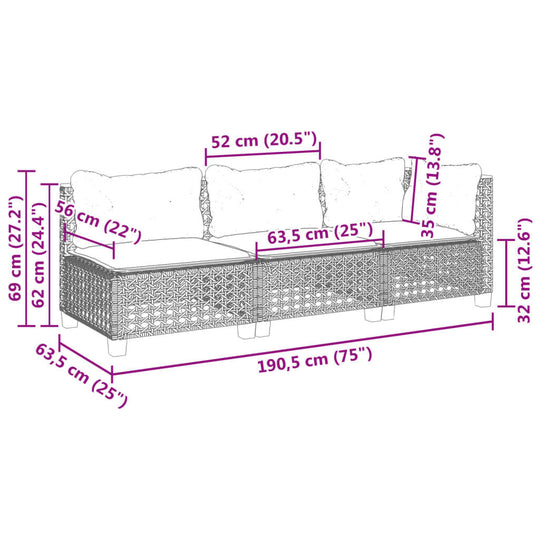 Dimensions and features of a 3-seater garden sofa with cushions, showing grey poly rattan design and cushion sizes.