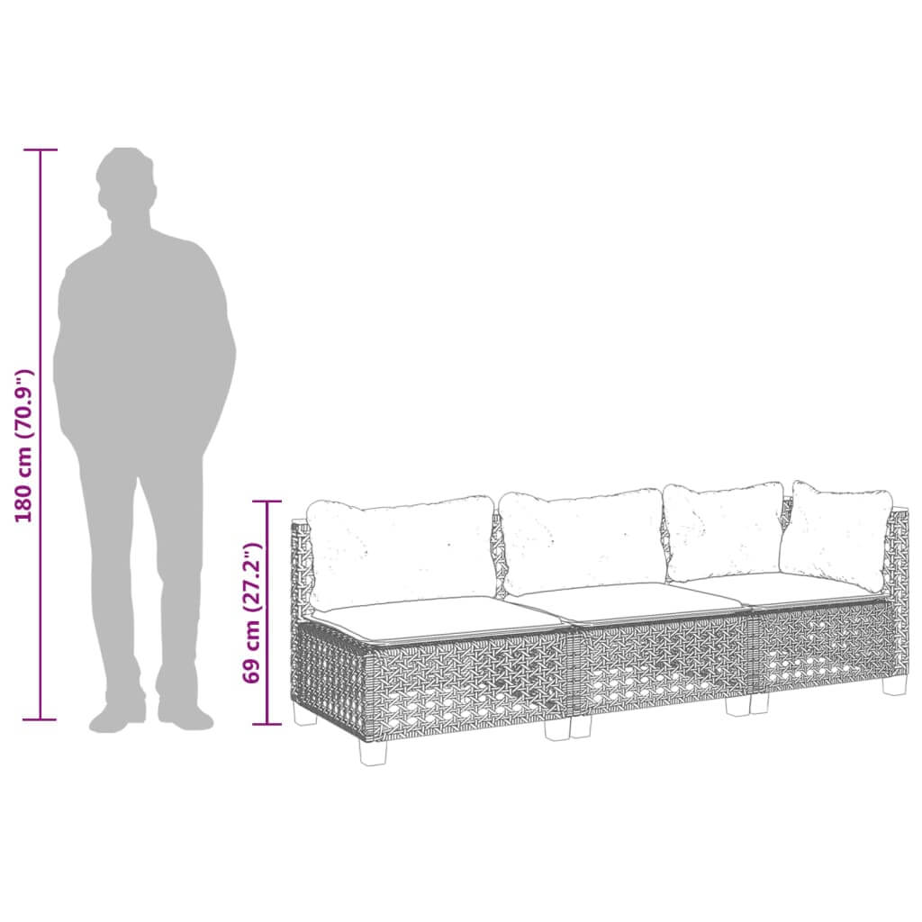 Dimensions of a grey poly rattan 3-seater garden sofa with cushions, featuring a height of 180 cm and width of 69 cm.