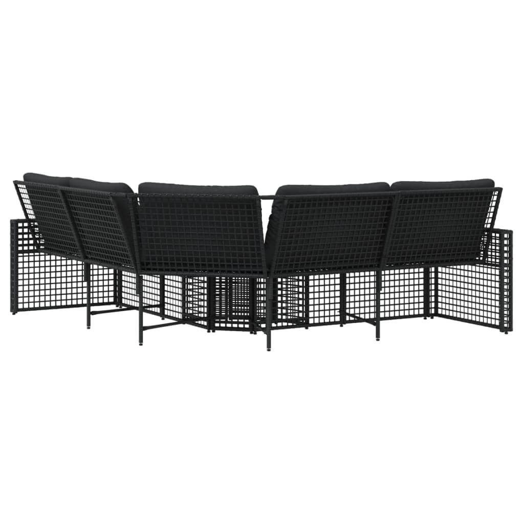 L-shaped black poly rattan garden sofa with cushions, perfect for outdoor furniture and lounging. Ideal for terrace or patio use.