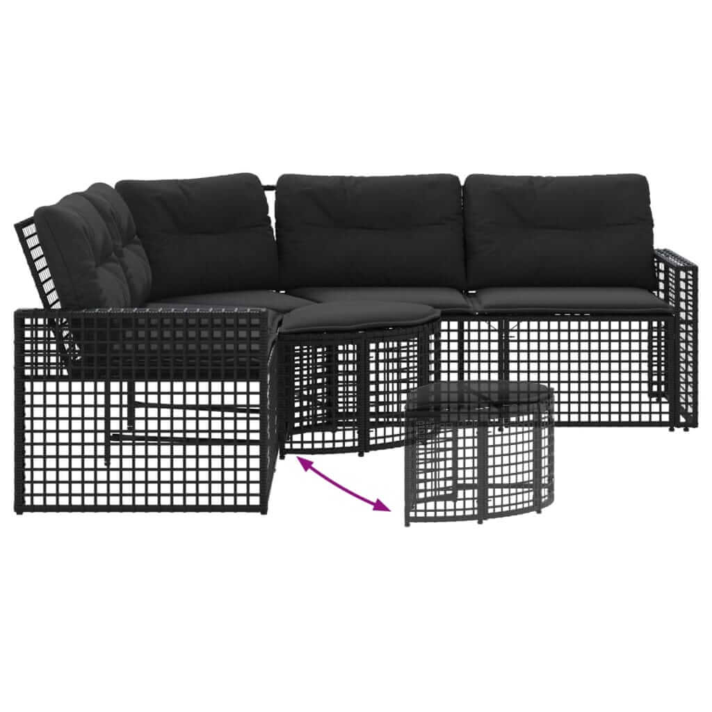 L-shaped black poly rattan garden sofa with cushions and footstool, ideal for outdoor relaxation and gatherings.