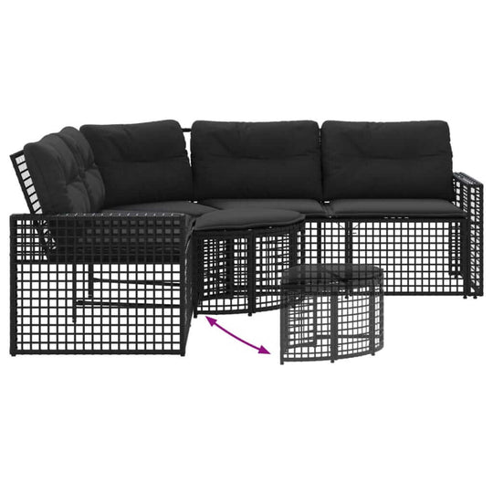 L-shaped black poly rattan garden sofa with cushions and footstool, ideal for outdoor relaxation and gatherings.