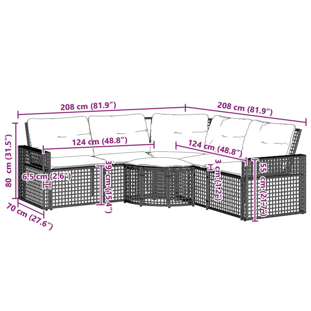 Dimensions of L-shaped garden sofa in black poly rattan with cushions, showcasing outdoor furniture measurements.