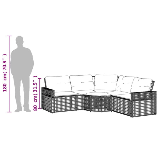 L-shaped garden sofa dimensions illustration with height 180 cm and width 80 cm, showcasing black poly rattan design.