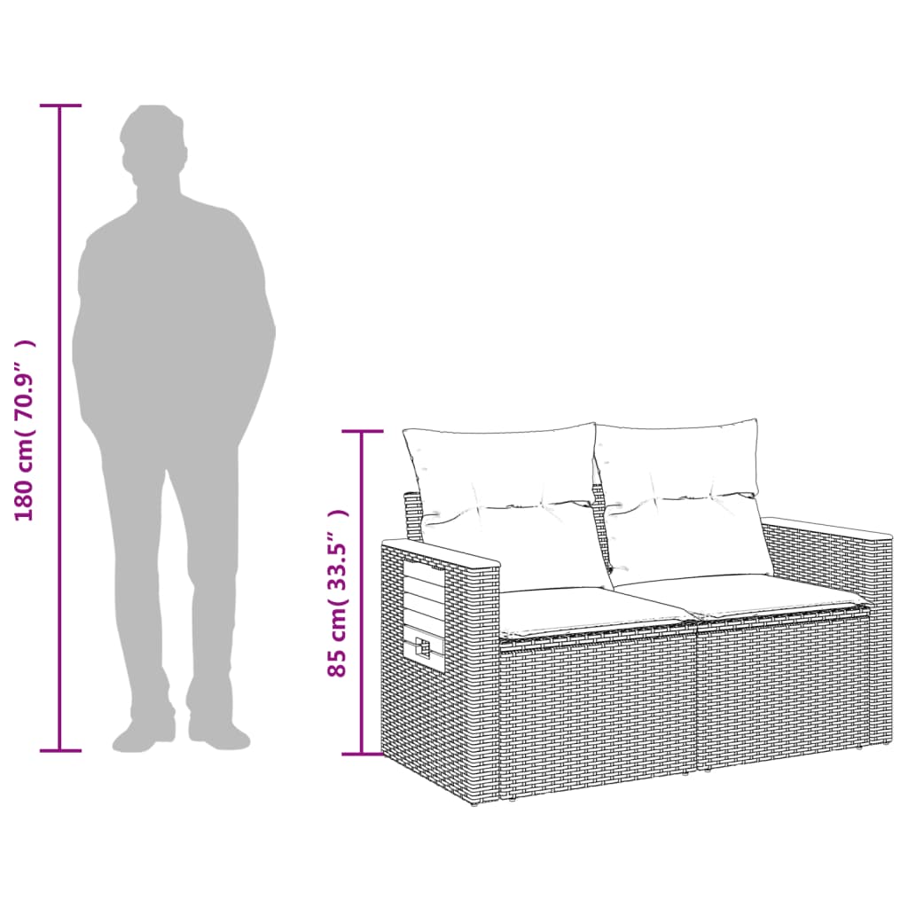 2-Seater Garden Sofa with Cushions – Poly Rattan Dubai dimensions diagram with silhouette for scale