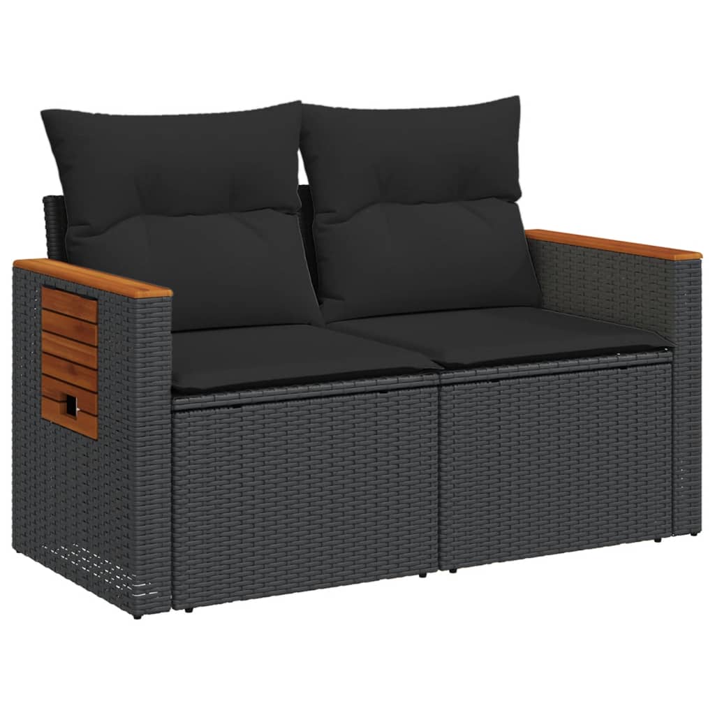 2-Seater Garden Sofa with Cushions – Poly Rattan Dubai featuring comfortable cushions and wooden accents.