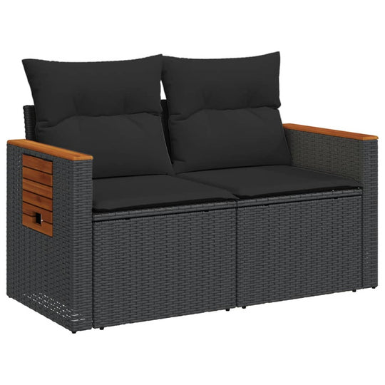 2-Seater Garden Sofa with Cushions – Poly Rattan Dubai featuring comfortable cushions and wooden accents.