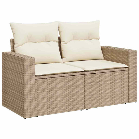 2-Seater Garden Sofa with Cushions – Poly Rattan UAE, comfortable outdoor sofa with beige cushions.