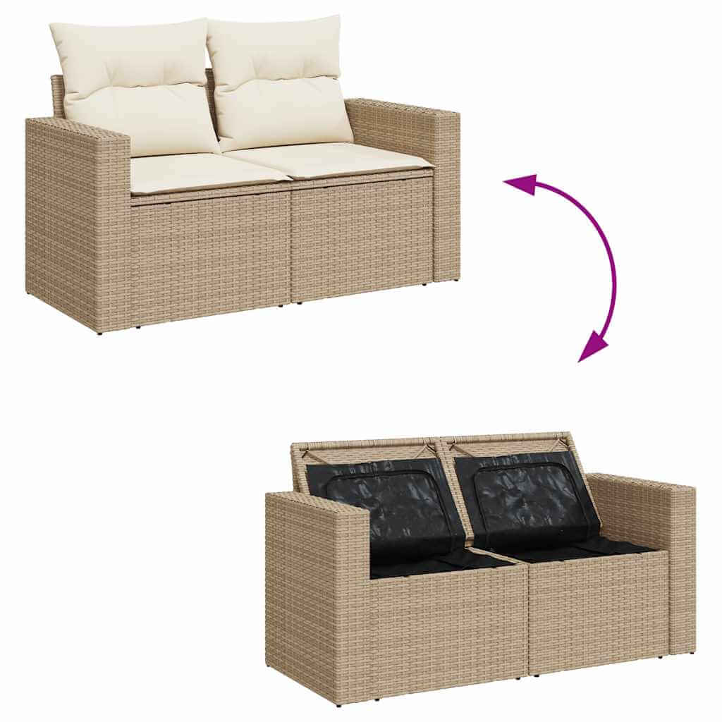 2-Seater Garden Sofa with Cushions – Poly Rattan UAE showcasing dual function with water-resistant storage.