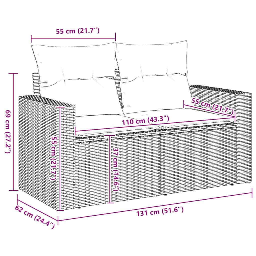 2-Seater Garden Sofa with Cushions – Poly Rattan UAE dimensions showing length, width, and height in centimeters.