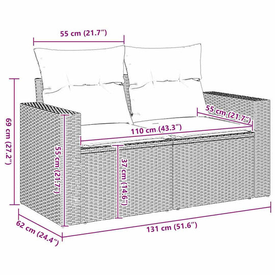 2-Seater Garden Sofa with Cushions – Poly Rattan UAE dimensions showing length, width, and height in centimeters.