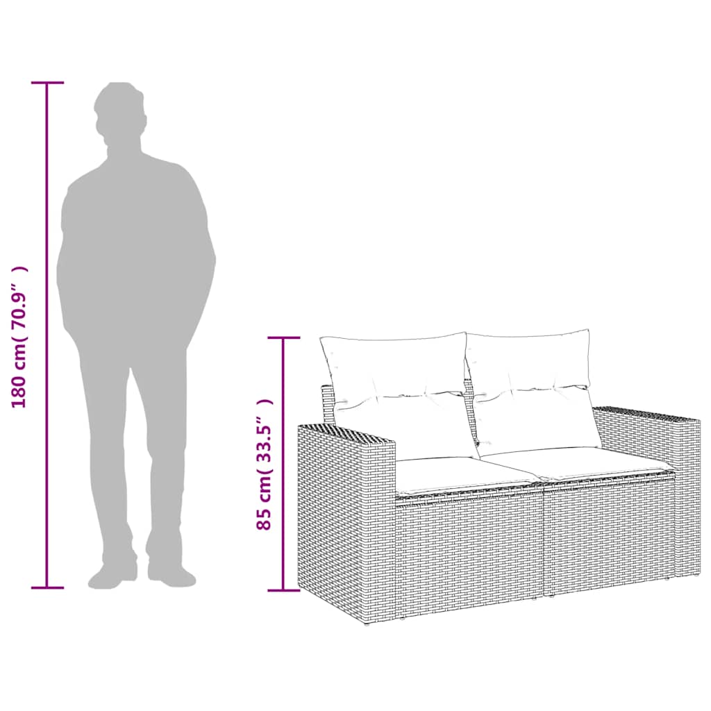 2-Seater Garden Sofa with Cushions – Poly Rattan UAE dimensions and silhouette representation