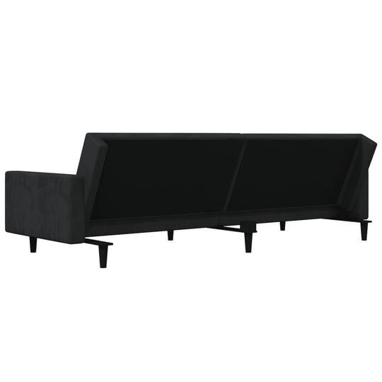 Black velvet 2-seater sofa bed with convertible backrests, ideal for outdoor furniture, garden set, or home patio lounging.