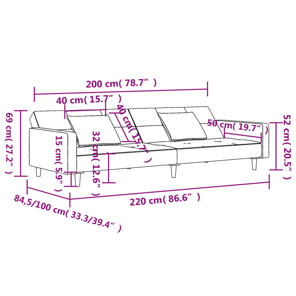 Dimensions diagram of 2-seater sofa bed with pillows, showing measurements in centimeters and inches for seating and depth.