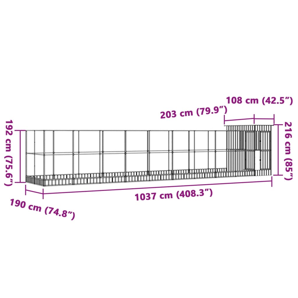 Dimensions and design of Aviary with Extension 1037x203x216 cm Steel for outdoor bird safety.