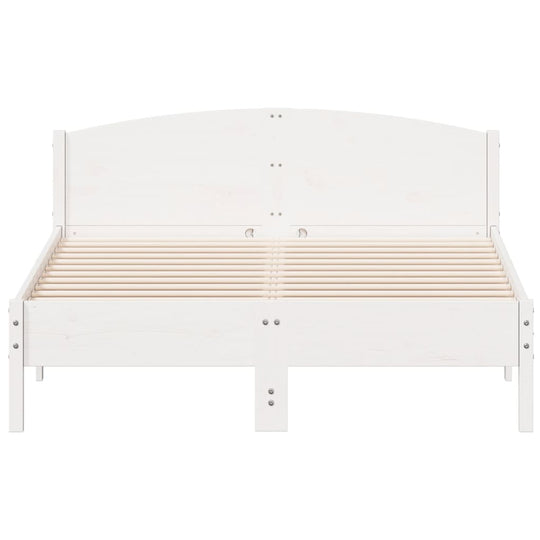 White solid pine bed frame without mattress, 140x200 cm, featuring plywood slats for optimal support and rustic design.