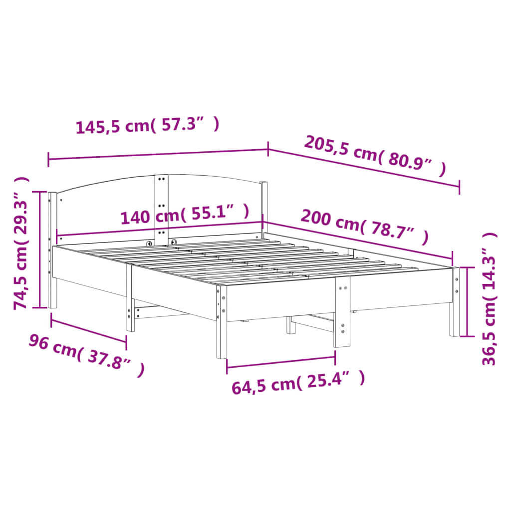 Dimensions of a solid wood pine bed frame without mattress, measurements annotated in cm and inches.