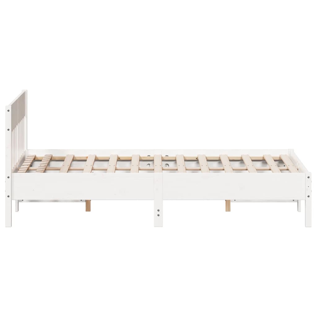 White wooden bed frame without mattress, 140x200 cm, featuring sturdy plywood slats for support and rustic pine finish.