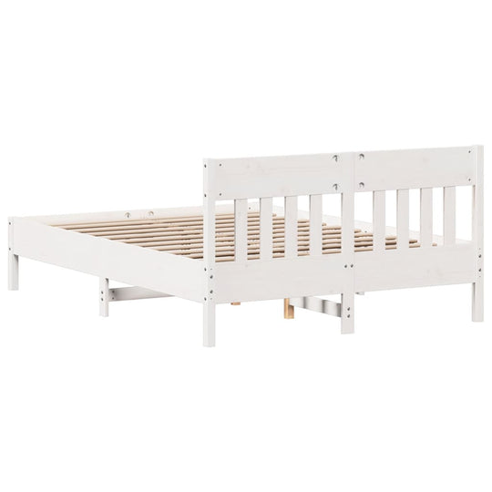 White solid pine bed frame without mattress, 140x200 cm, featuring plywood slats for durability and rustic charm.