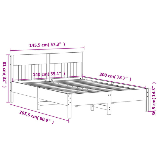 Bed frame dimensions illustration in cm for solid wood pine frame 140x200 cm, showcasing elegant design and practical features.