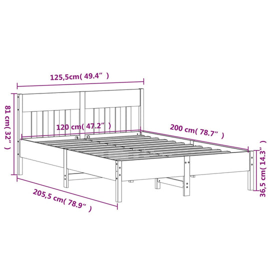 Bed frame dimensions diagram showing measurements in cm and inches for white solid wood 120x200 cm frame.