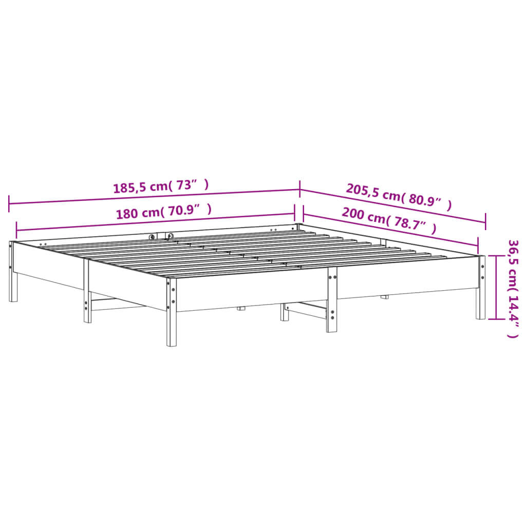 Bed frame dimensions diagram 180x200 cm super king solid pine wood with plywood slats, showcasing practical size and design.