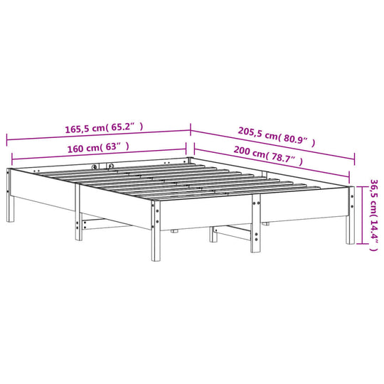 Dimension illustration of a white solid wood pine bed frame 160x200 cm with plywood slats for optimal mattress support.