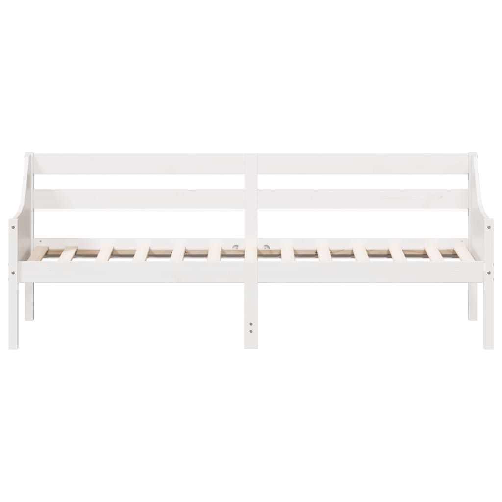 Day bed without mattress in white solid pine, perfect for bedroom or living room use, offering versatile seating and sleeping options.